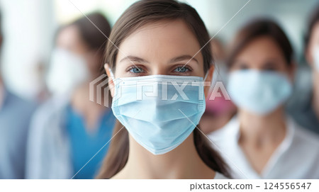 Woman in mask with others blurred behind. 124556547