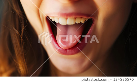Laughing woman with a playful, open mouth. 124556570
