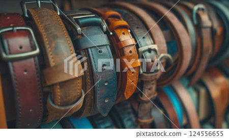 Array of leather belts on display. 124556655