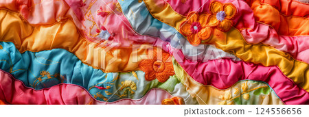 Ruffled, embroidered silk fabrics in colors. 124556656