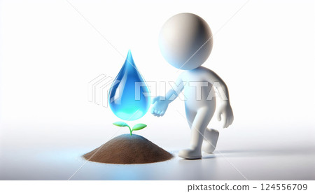 3D white figure with a drop of water to water a small growing plant, to raise awareness for the protection of planet earth 124556709
