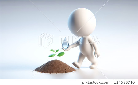 3D white figure with a drop of water to water a small growing plant, to raise awareness for the protection of planet earth 3D white figure with a drop of water to water a small growing plant, to raise awareness for the protection of planet earth 124556710