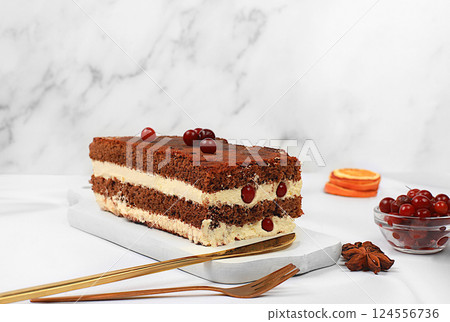 Homemade delicious tiramisu, sponge cake or cake with sweet jam, cream, nuts and cinnamon filling. Modern bakery concept, festive treat and advertising for cafe and restaurant, selective focus Homemade delicious tiramisu, sponge cake or cake with sweet jam, cream, nuts and cinnamon filling. Modern bakery concept, festive treat and advertising for cafe and restaurant, selective focus 124556736