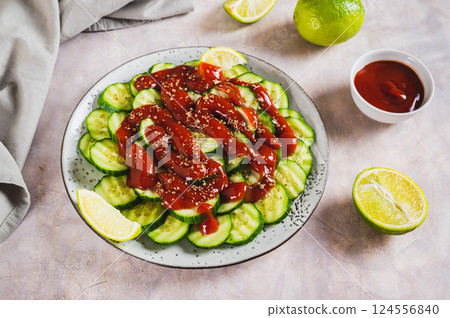 Delicious cucumbers with chili pepper and lime on a plate on the table 124556840