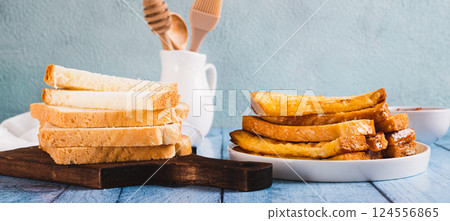 French crispy sweet toast on plate on table web banner French crispy sweet toast on plate on table web banner 124556865