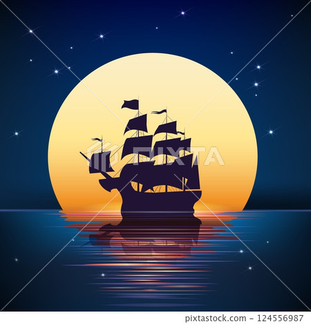 Vintage sailboat on moon background 124556987