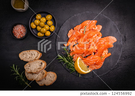 Traditional Norwegian fresh salmon in slices Traditional Norwegian fresh salmon in slices 124556992