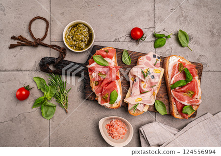 Assorted delicious baguette sandwiches Assorted delicious baguette sandwiches 124556994