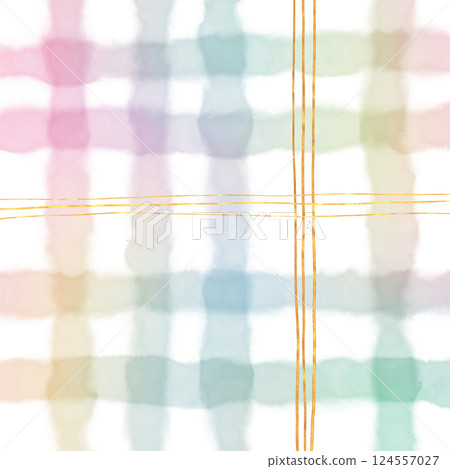 Rainbow Gold Plaid Gingham Check Hand Drawn Background Overlay 124557027