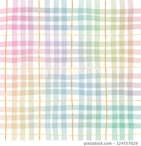 Rainbow Gold Plaid Gingham Check Hand Drawn Background Overlay 124557029