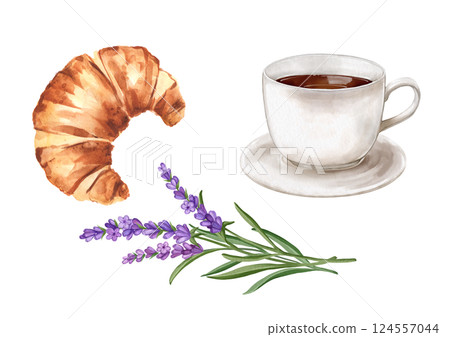 Breakfast illustration. Cup of coffee, croissants and lavender. Hand-drawn. Breakfast illustration. Cup of coffee, croissants and lavender. Hand-drawn. 124557044