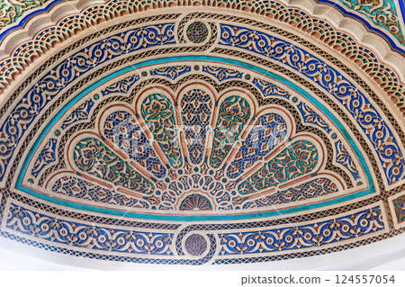 Detail view of ornamental decoration. Bahia Palace. Marrakesh. Morocco. Detail view of ornamental decoration. Bahia Palace. Marrakesh. Morocco. 124557054