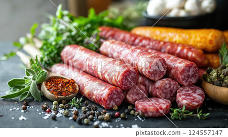 Cured sausages with herbs and spices on dark surface 124557147