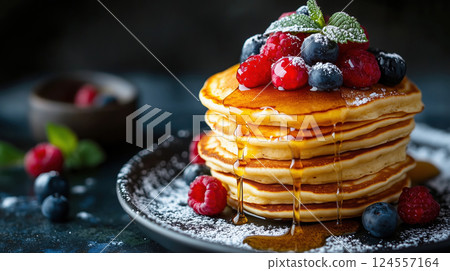 Pancakes berries syrup powdered sweet food 124557164