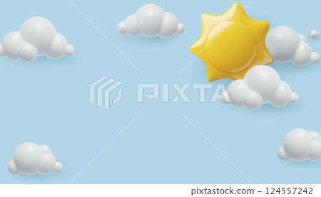 Sky background with sun and clouds cute cartoon 3d vector illustration 124557242