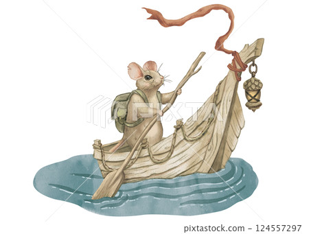 Watercolor illustration of a mouse in a boat. Old wooden boat, hand drawn. Traveling mouse with a backpack and an oar. For printing on children's products, cards, games, dishes, stickers, clothes, etc 124557297