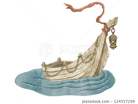 Watercolor illustration of a boat. Old wooden boat with a rope, acorn-shaped lantern and a red ribbon on the stem. Hand-drawn sea boat from a fairy tale. For children's card, game and products. 124557299