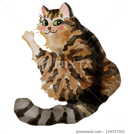 Watercolor drawing of a fluffy cat sitting on the floor with a raised paw. For the design of pet food and goods, stickers, postcards, notebooks, veterinary clinics. A cunning cat with a funny face. Watercolor drawing of a fluffy cat sitting on the floor with a raised paw. For the design of pet food and goods, stickers, postcards, notebooks, veterinary clinics. A cunning cat with a funny face. 124557301