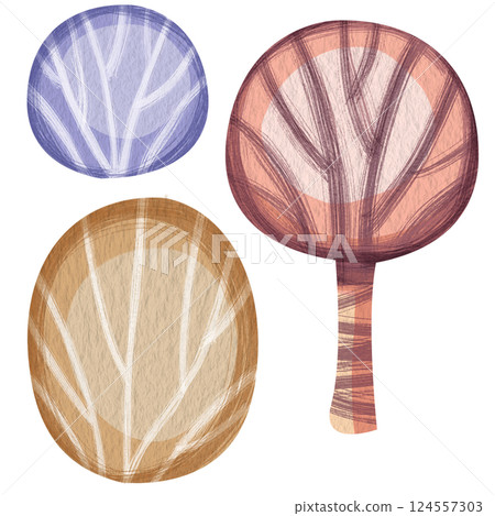 Clip art illustration of three watercolor multi colored bushes. Bizarre cartoon tree illustration without background for children books or games. Rounded shape and different colors: brown, blue, red 124557303