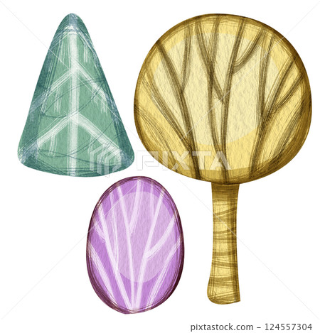 Clip art illustration of watercolor plants: bush, tree and pine, in different colors: purple, yellow, green. Bizarre cartoon illustration without background for children books, magazines, or games. Clip art illustration of watercolor plants: bush, tree and pine, in different colors: purple, yellow, green. Bizarre cartoon illustration without background for children books, magazines, or games. 124557304