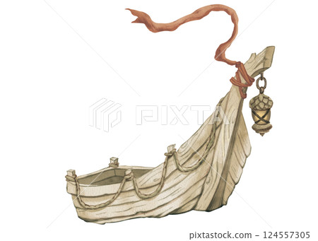 Watercolor illustration of a boat. Old wooden boat with a rope, acorn-shaped lantern and a red ribbon on the stem. Hand-drawn sea boat from a fairy tale. For children's card, game and products. Watercolor illustration of a boat. Old wooden boat with a rope, acorn-shaped lantern and a red ribbon on the stem. Hand-drawn sea boat from a fairy tale. For children's card, game and products. 124557305