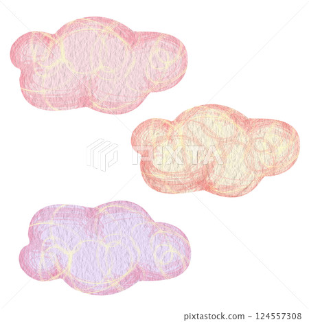 Set of three pink cartoon clouds isolated on white background. Simple, abstract sunset clouds clip art. Watercolor illustration for children's products: books, stationery, stickers, soap, shampoo, etc Set of three pink cartoon clouds isolated on white background. Simple, abstract sunset clouds clip art. Watercolor illustration for children's products: books, stationery, stickers, soap, shampoo, etc 124557308