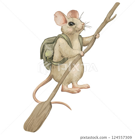 Watercolor hand-drawn illustration of a mouse. Traveling mouse with a backpack and paddle. For printing on children's products, cards, games, dishes, stickers, clothes, etc. Fairytale plot. 124557309