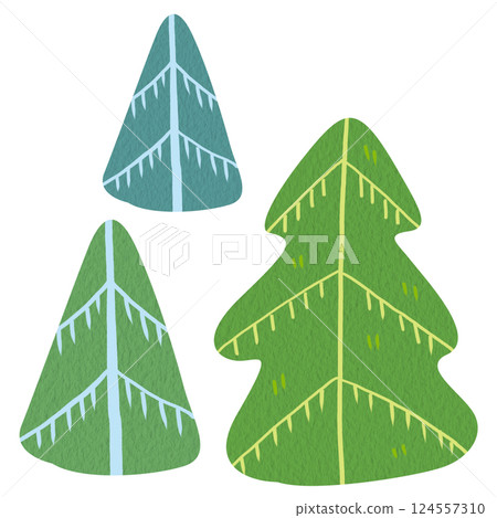 Clip art illustration of three doodle minimalist pine trees. Cozy cartoon spruce without background. Perfect for children festive decorations, seasonal designs, greeting card or christmas invitation. Clip art illustration of three doodle minimalist pine trees. Cozy cartoon spruce without background. Perfect for children festive decorations, seasonal designs, greeting card or christmas invitation. 124557310