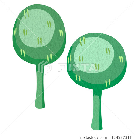 Clip art illustration of two very simple green trees. Minimalist childish illustration without a background for books or games. Rounded shape and short green trunk. Soft paper texture and lighting. 124557311