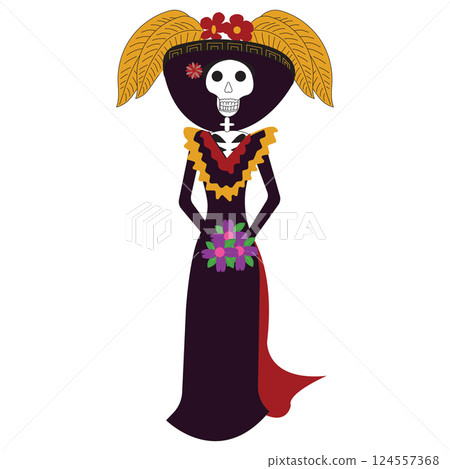 Skeleton in Caterina costume. Mexican day of the dead concept. Vector illustration isolated on white background. 124557368