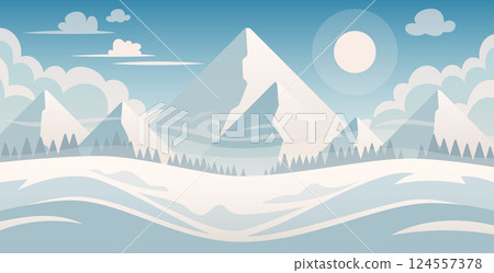 Frosty Mountains Landscape Flat Style Illustration 124557378