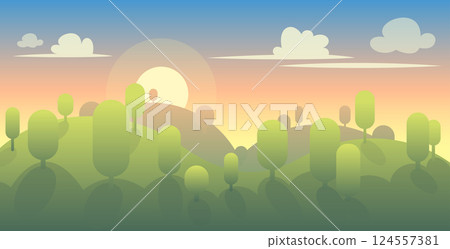 Morning Meadows Landscape Flat Style Illustration 124557381
