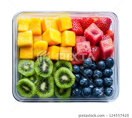 Colorful assortment of fresh fruits arranged neatly in a transparent container for healthy snacking or meal prep 124557420