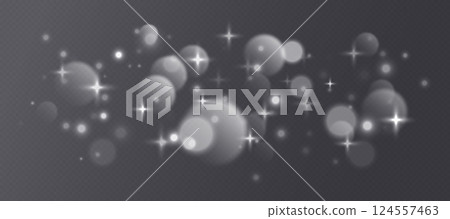 White bokeh with stars and sparkles, shiny overlay decoration isolated on grey background 124557463