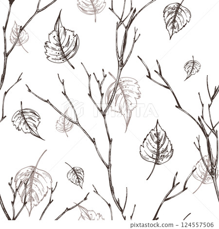 Autumn tree branches, trees, falling birch leaves, forest, park, garden. For decorating summer, autumn. Graphic line art hand drawn with black ink. Seamless pattern, endlessly repeating ornament 124557506