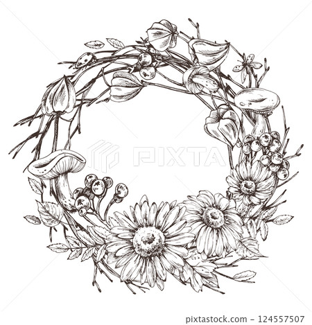 Autumn berries physalis, chokeberry, rowan leaves, maple, birch, mushrooms, rudbeckia flowers, tree branches. Graphic line art hand drawn with black ink. Round wreath, frame, template for text. 124557507