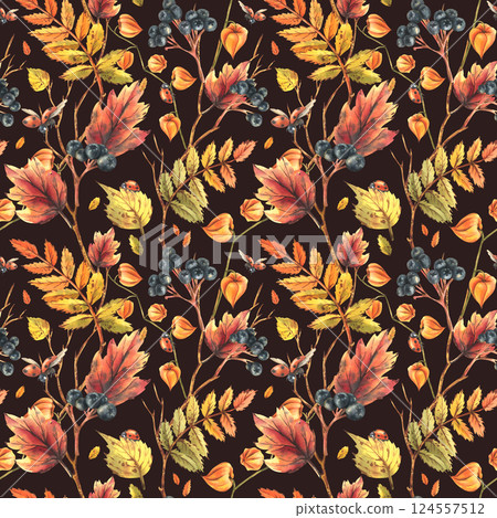 Autumn berries physalis, chokeberry, rowan leaves, maple, birch, tree branches and ladybugs. Watercolor illustrations. Seamless pattern on a dark background Autumn berries physalis, chokeberry, rowan leaves, maple, birch, tree branches and ladybugs. Watercolor illustrations. Seamless pattern on a dark background 124557512