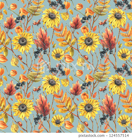 Autumn berries physalis, chokeberry, rowan leaves, maple, birch, rudbeckia flowers tree branches and ladybugs. Watercolor illustrations. Seamless pattern on a blue background Autumn berries physalis, chokeberry, rowan leaves, maple, birch, rudbeckia flowers tree branches and ladybugs. Watercolor illustrations. Seamless pattern on a blue background 124557514