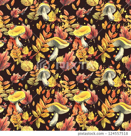 Autumn rowan leaves, maple, birch, russula mushrooms, tree branches and ladybugs. Watercolor illustrations. Seamless pattern on a dark background Autumn rowan leaves, maple, birch, russula mushrooms, tree branches and ladybugs. Watercolor illustrations. Seamless pattern on a dark background 124557518