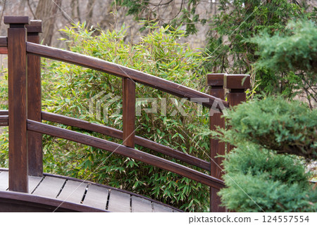 A tranquil scene in a Japanese-style garden, featuring a wooden bridge, artistically trimmed bushes amidst a natural background. The serene ambiance showcases harmony and design in a natural setting. A tranquil scene in a Japanese-style garden, featuring a wooden bridge, artistically trimmed bushes amidst a natural background. The serene ambiance showcases harmony and design in a natural setting. 124557554