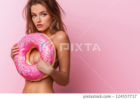 Young woman posing with a pink donut-shaped inflatable on a pink background. Donut balloon covering naked woman as a sex symbol. Sweets and diet concept, flirting, objectification, erotic. Copy space 124557717