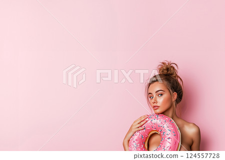 Young woman posing with a pink donut-shaped inflatable on a pink background. Donut balloon covering naked woman as a sex symbol. Sweets and diet concept, flirting, objectification, erotic. Copy space Young woman posing with a pink donut-shaped inflatable on a pink background. Donut balloon covering naked woman as a sex symbol. Sweets and diet concept, flirting, objectification, erotic. Copy space 124557728