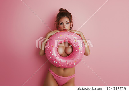 Young woman posing with a pink donut-shaped inflatable on a pink background. Donut balloon covering naked woman as a sex symbol. Sweets and diet concept, flirting, objectification, erotic. Copy space 124557729