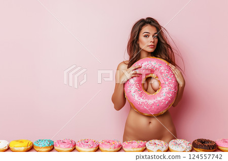 Young woman posing with a pink donut-shaped inflatable on a pink background. Donut balloon covering naked woman as a sex symbol. Sweets and diet concept, flirting, objectification, erotic. Copy space 124557742