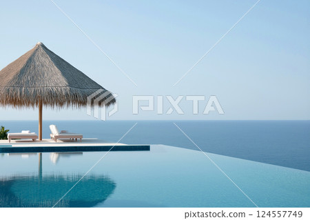 Thatched-roof cabana by an infinity pool overlooking a serene ocean. A tranquil scene featuring a cabana with thatched roof near a luxurious pool. Summer vacation concept, warm summer vibes 124557749