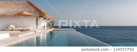 Thatched-roof cabana by an infinity pool overlooking a serene ocean. A tranquil scene featuring a cabana with thatched roof near a luxurious pool. Summer vacation concept, warm summer vibes 124557750