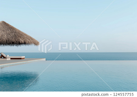 Thatched-roof cabana by an infinity pool overlooking a serene ocean. A tranquil scene featuring a cabana with thatched roof near a luxurious pool. Summer vacation concept, warm summer vibes 124557755