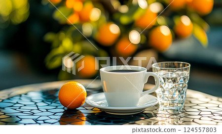 A white ceramic cup with black coffee, a glass of clear water stands on a mosaic table under an orange tree on a cafe terrace in summer. Good morning. This is AI-generated item 124557803