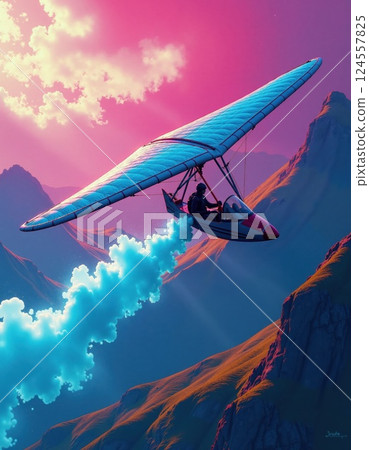 Dreamy sunset hang gliding over majestic mountain landscape with vibrant clouds 124557825