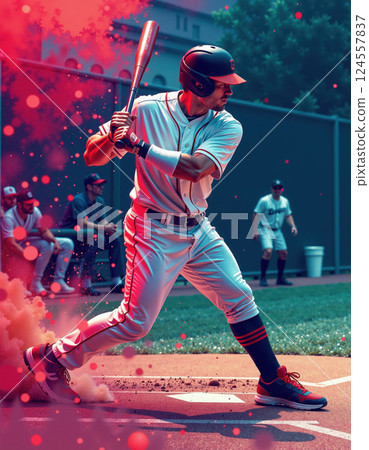Dynamic baseball action with vibrant red and orange accents for sports enthusiasts and game promotions Dynamic baseball action with vibrant red and orange accents for sports enthusiasts and game promotions 124557837